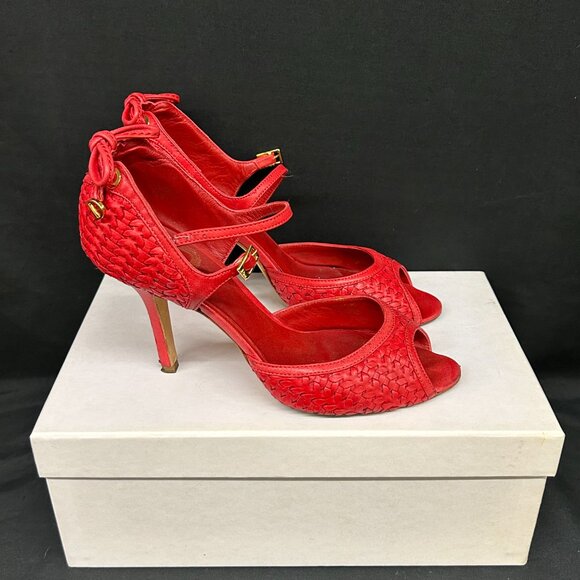 Christian Dior Soft Lady Dior Red Leather Woven Peep Toe Heels Shoes 37.5 7.5 - Picture 4 of 12
